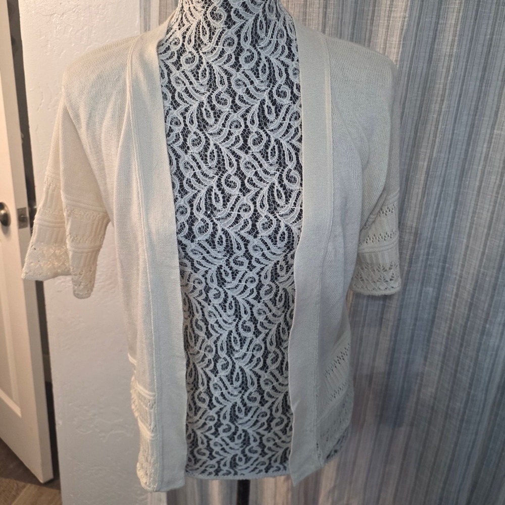 Mary Sophia Open Front Knit Cardigan Womens Medium Ivory Crochet Trim Boho Style